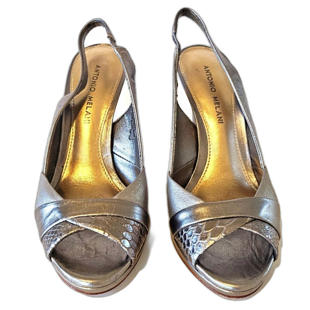 Antonio Melani Metallic Silver Peep-Toe Slingback Heels Size 7